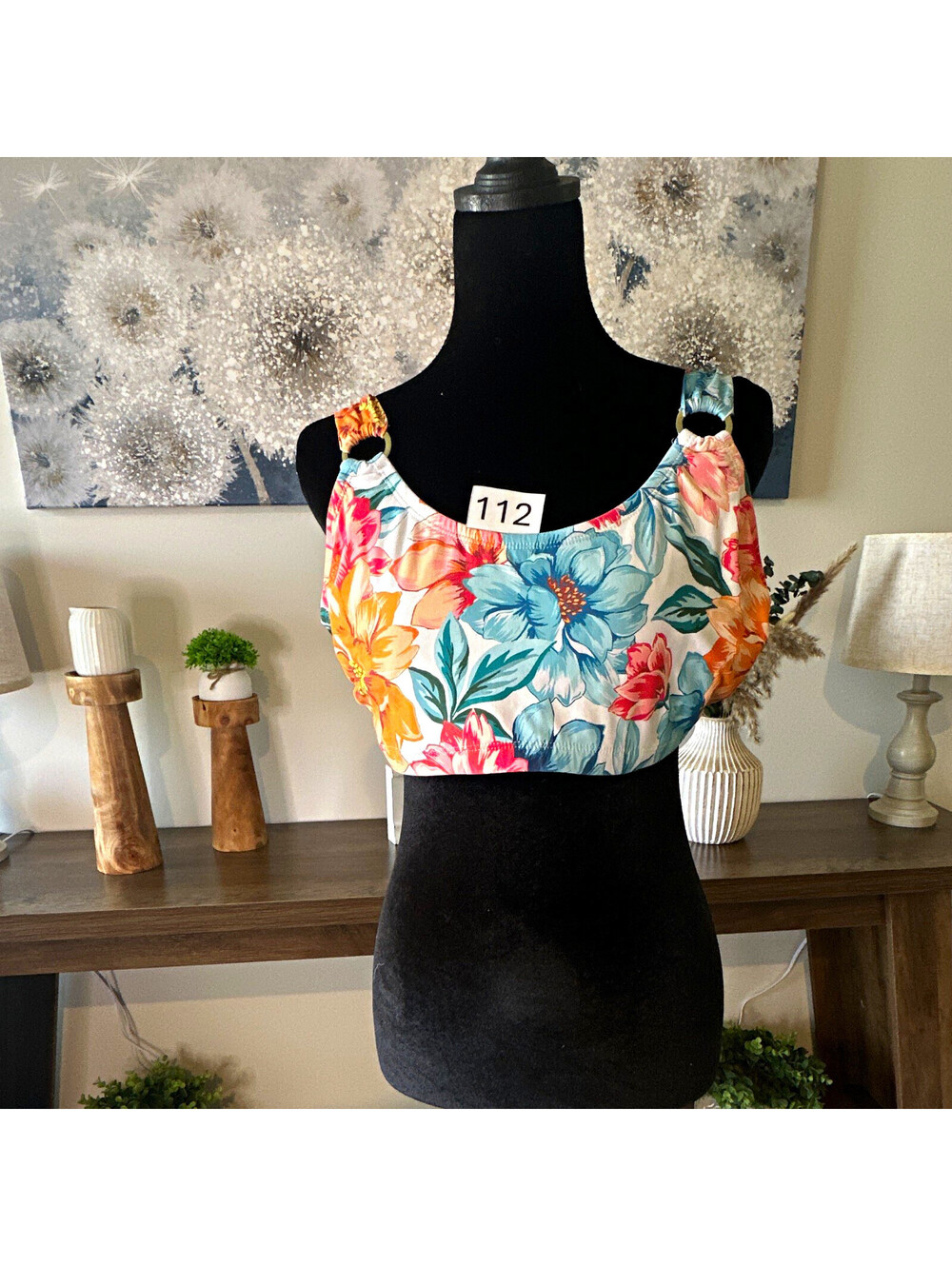 Time and Tru Floral Print Bikini Swim Top Tie-Back Lined D/DD 1X Plus
